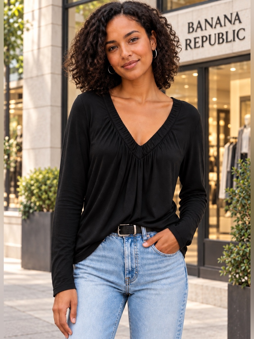 🆕 Banana Republic Black Modal Ruched V-Neck Long Sleeve Top M NWT